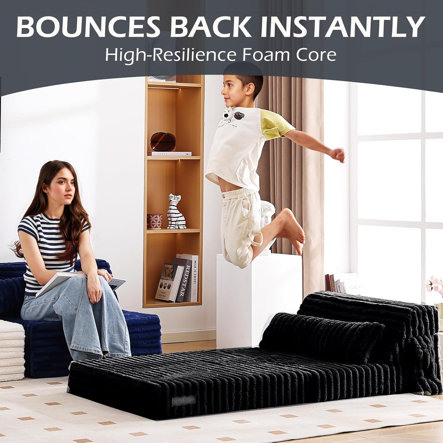 Tiita Folding Sofa Bed with Pillow 200x70x12cm Mattress&Plush Fabric Foldable Sofa Lounge Mat Pad,Floor Lounger Chair Bed for Living Room,Guest Room,Dorm,Apartment,Camping and Travel Use