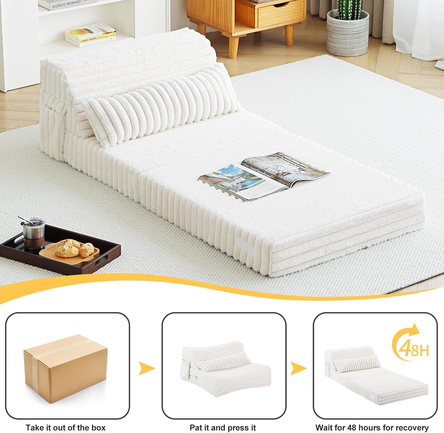 Tiita Folding Sofa Bed with Pillow 200x70x12cm Mattress&Plush Fabric Foldable Sofa Lounge Mat Pad,Floor Lounger Chair Bed for Living Room,Guest Room,Dorm,Apartment,Camping and Travel Use