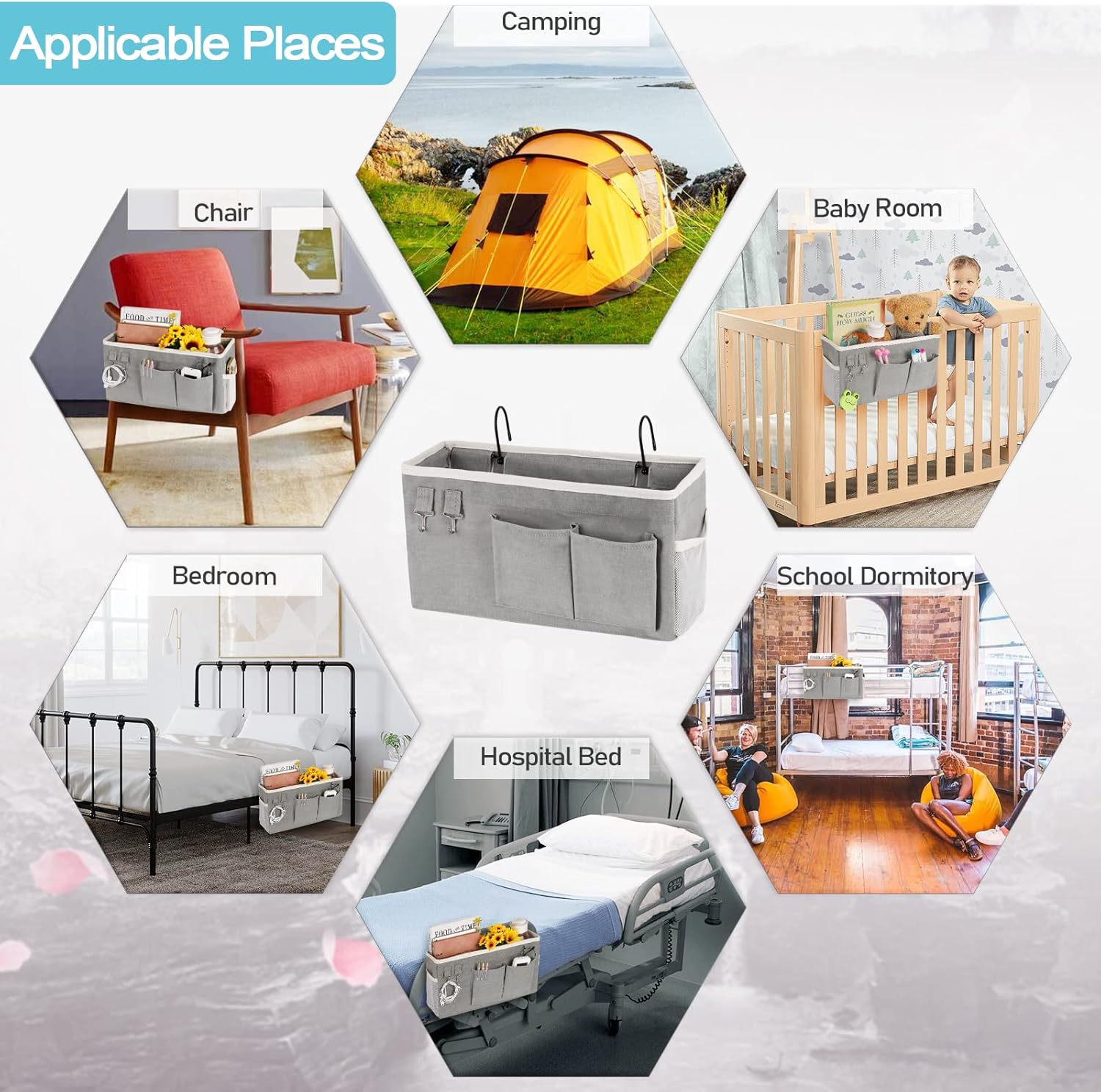 Loghot Bedside Caddy/Bedside Storage Bag Hanging Organizer for Bunk and Hospital Beds,Dorm Rooms Bed Rails,Can be Placed Glasses,Books,Mobile Phones,Keys (Light Pink)