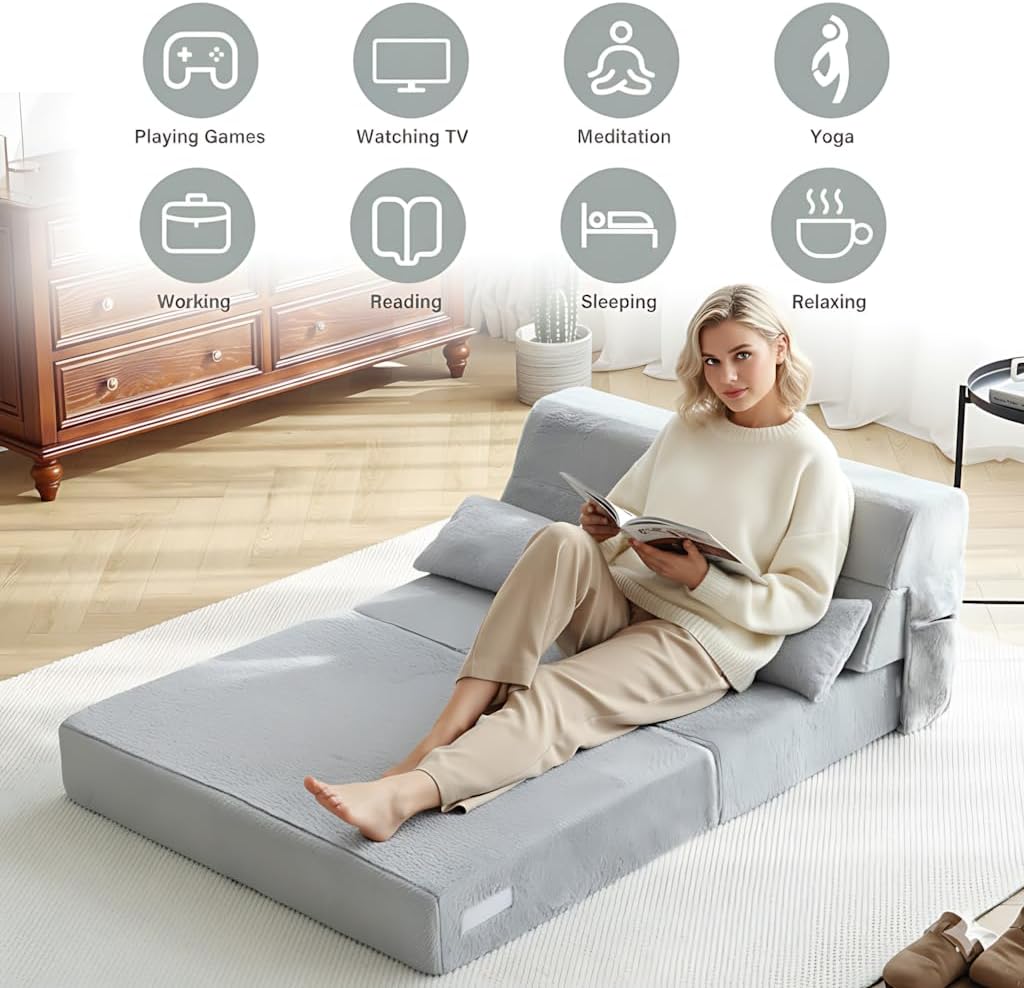 Tiita Folding Sofa Bed with Pillow 200x70x12cm Mattress&Plush Fabric Foldable Sofa Lounge Mat Pad,Floor Lounger Chair Bed for Living Room,Guest Room,Dorm,Apartment,Camping and Travel Use