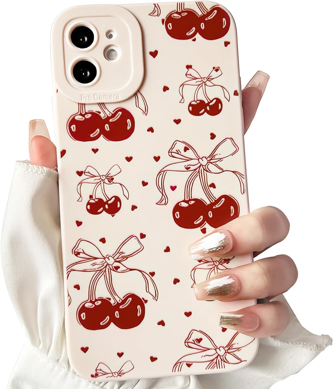 NITITOP Compatible with iPhone 12 Case Cute Cherry Bowknot Little Heart Pattern for Girls Women Soft TPU Durable Full Camera Lens Shockproof Protective Cover - White
