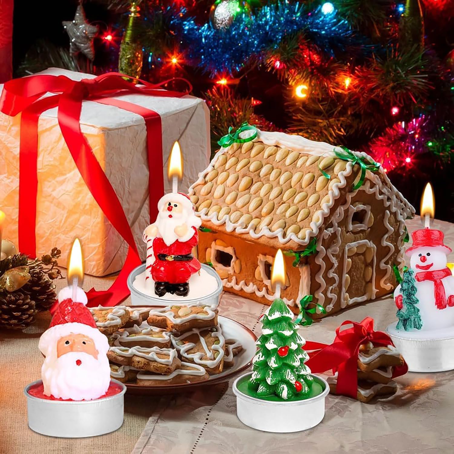 Christmas Tea Lights Candles for Home Decor,12Pcs Christmas Tealight Candle, Santa Claus, Tree, Snowman for Home Decoration Party Gifts