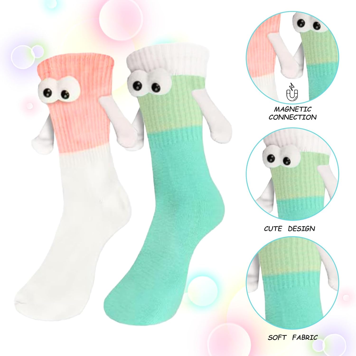 Zurligi 2 Pairs Holding Hands Socks, Funny Magnetic Hand Holding Cute Socks for Men Women, 3D Doll Couple Novelty Birthday for Lovers, Boyfriend, Family