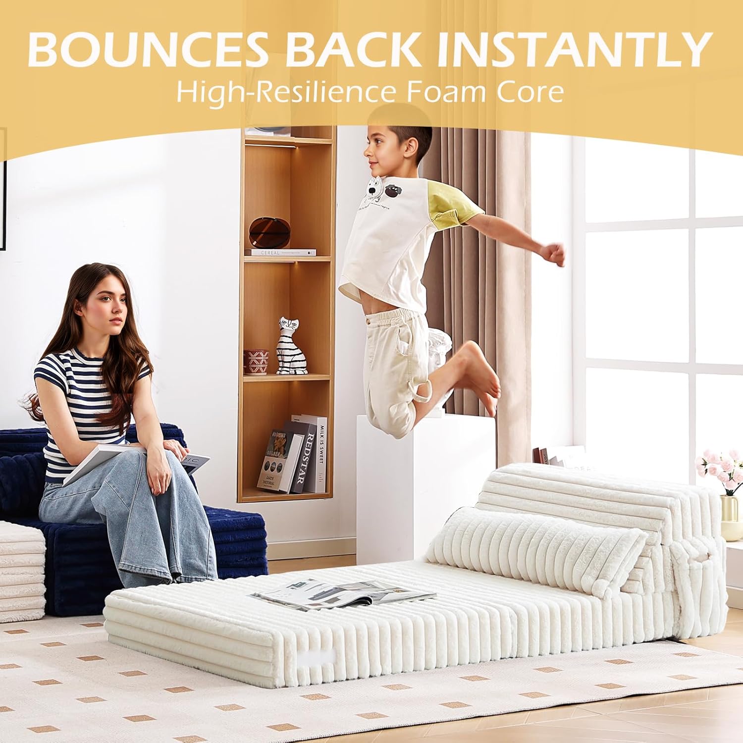 Tiita Folding Sofa Bed with Pillow 200x70x12cm Mattress&Plush Fabric Foldable Sofa Lounge Mat Pad,Floor Lounger Chair Bed for Living Room,Guest Room,Dorm,Apartment,Camping and Travel Use