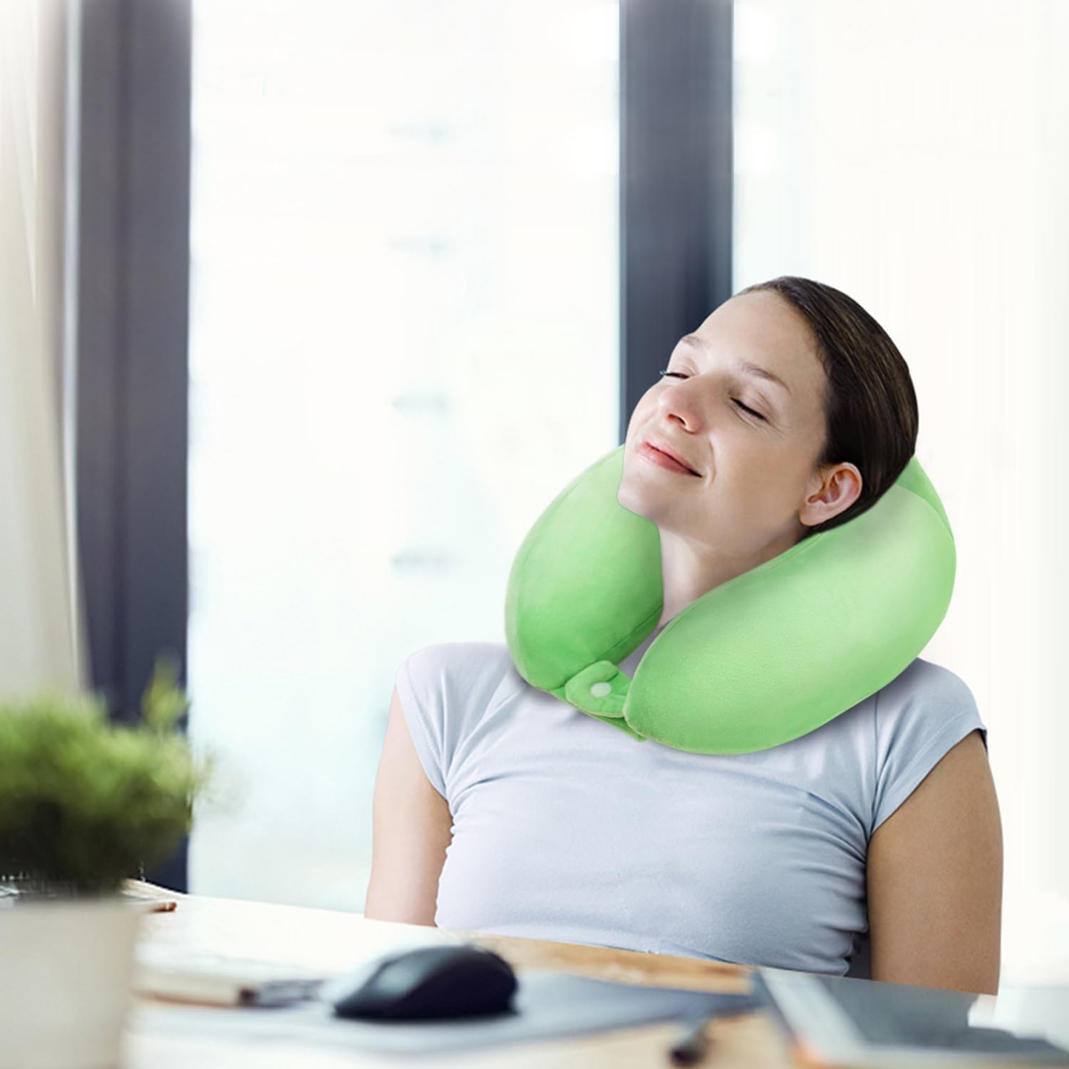 Travel Neck Pillows Adjustable U-Shaped Memory Foam Airplane Pillows Support Headrest and Neck Removable Breathable Neck Pillow for Car Office Home Camping Use Purple Color