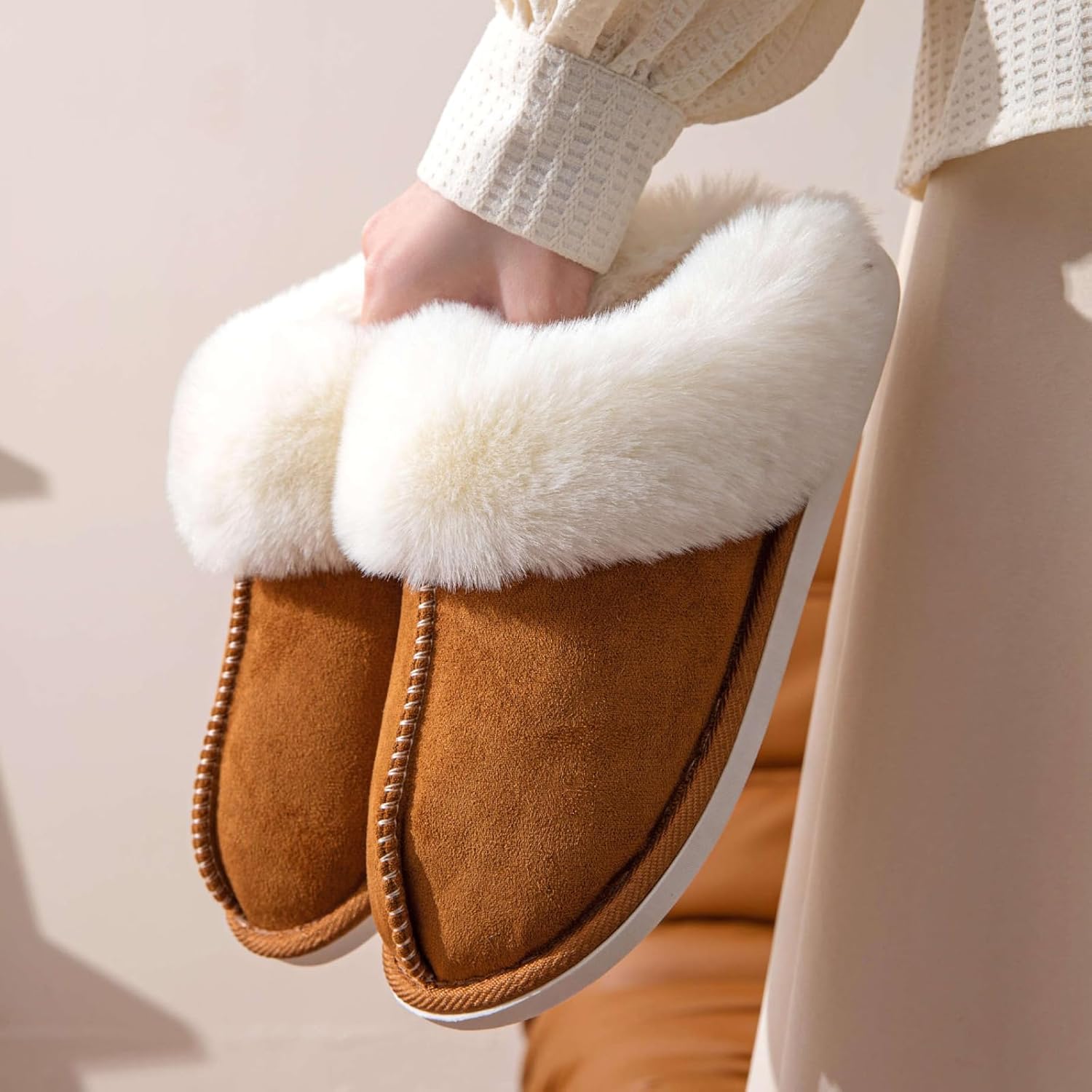 TopG Fuzzy Memory Foam Slippers Fluffy Winter House Slippers Suede Slippers with Faux Fur Collar Indoor Outdoor