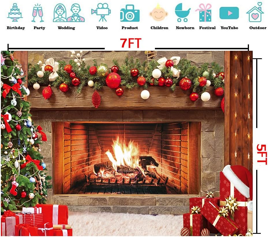 CYLYH 7x5ft Christmas Photography Backdrop Christmas Fireplace Theme Backdrop Christmas Party Decorations Birthday Party Kids Portrait Photo Studio Booth Props SDJ-502