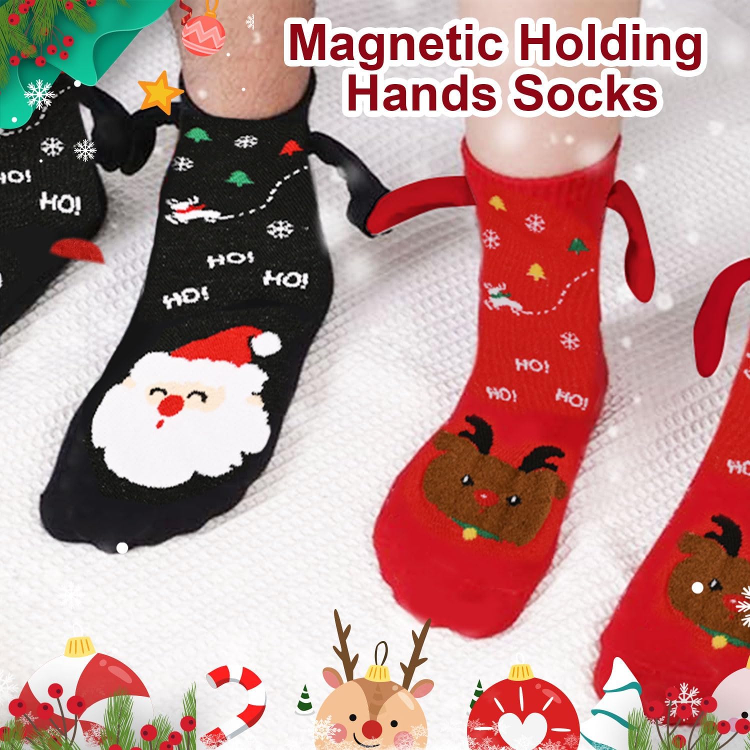 Zurligi 2 Pairs Holding Hands Socks, Funny Magnetic Hand Holding Cute Socks for Men Women, 3D Doll Couple Novelty Birthday for Lovers, Boyfriend, Family