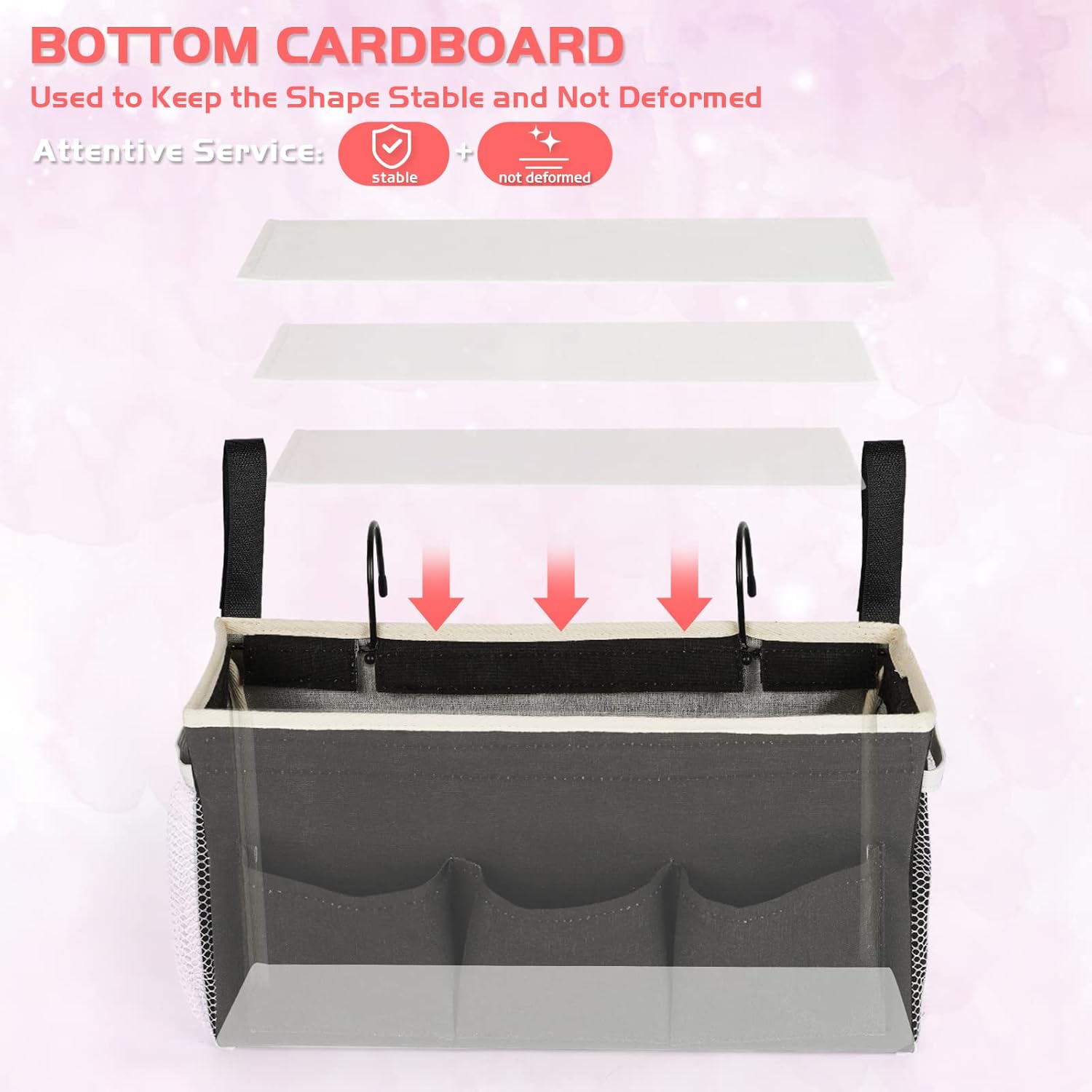 Loghot Bedside Caddy/Bedside Storage Bag Hanging Organizer for Bunk and Hospital Beds,Dorm Rooms Bed Rails,Can be Placed Glasses,Books,Mobile Phones,Keys (Light Pink)