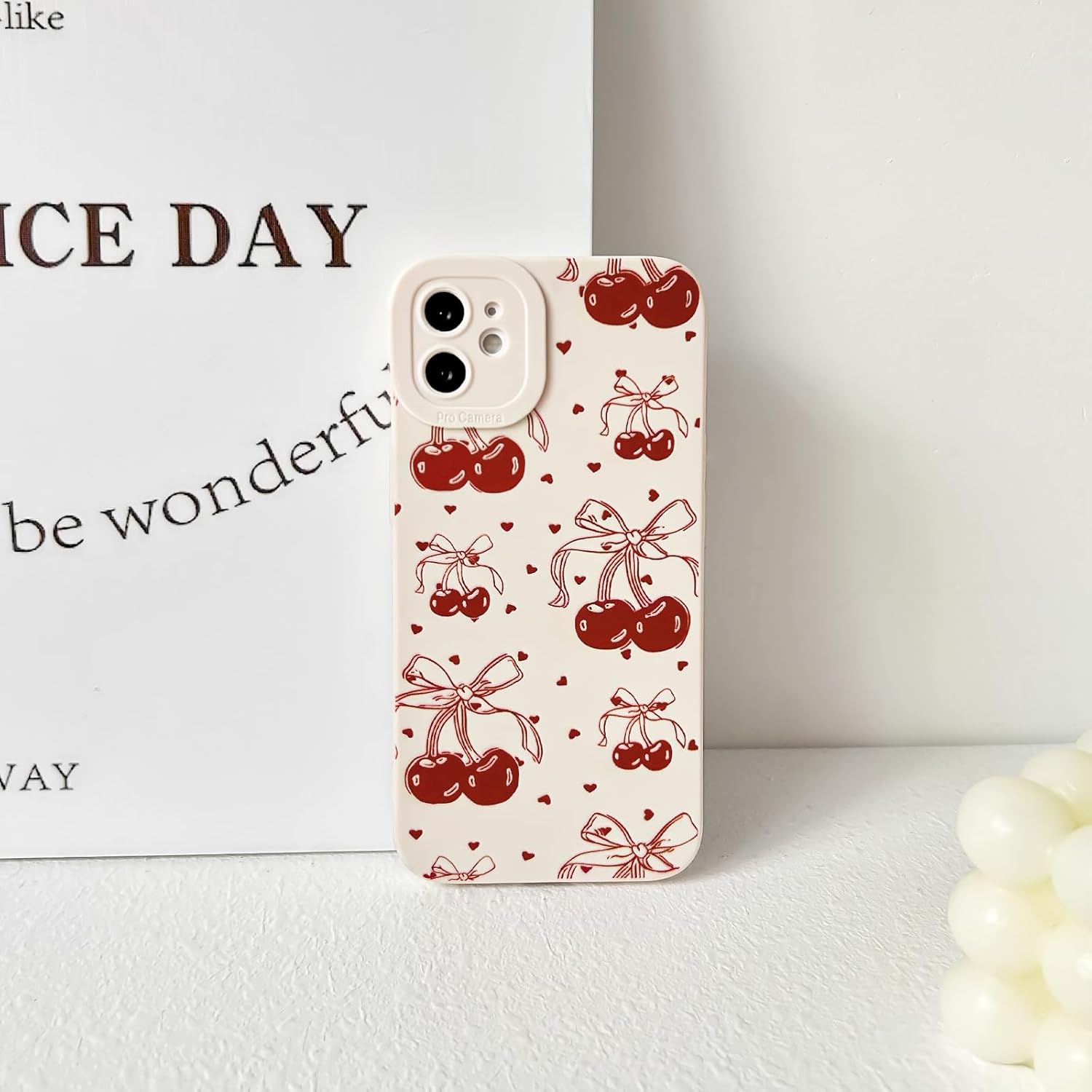 NITITOP Compatible with iPhone 12 Case Cute Cherry Bowknot Little Heart Pattern for Girls Women Soft TPU Durable Full Camera Lens Shockproof Protective Cover - White