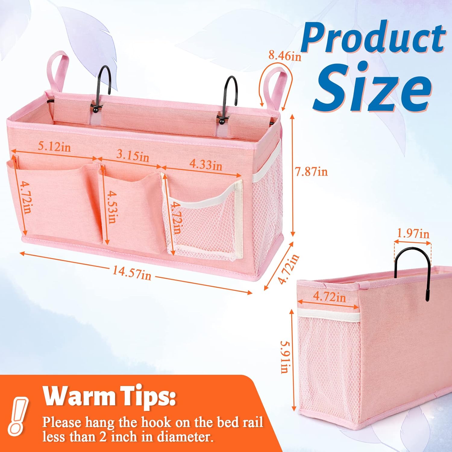 Loghot Bedside Caddy/Bedside Storage Bag Hanging Organizer for Bunk and Hospital Beds,Dorm Rooms Bed Rails,Can be Placed Glasses,Books,Mobile Phones,Keys (Light Pink)