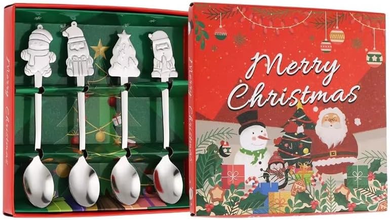 LIVSY Christmas Cartoon Stainless Steel Coffee Spoons – Cute Holiday Mixing Spoon Gift Set for Coffee, Tea, Dessert & Tableware (Gold/Silver, 4-Pack) (Silver)