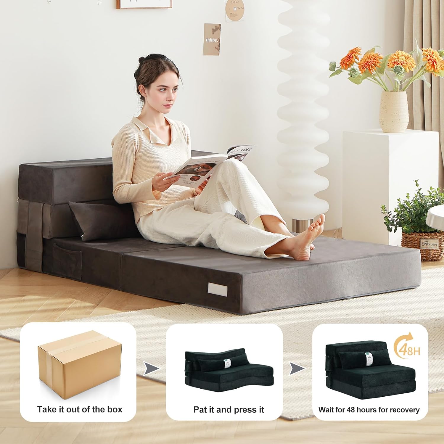 Tiita Folding Sofa Bed with Pillow 200x70x12cm Mattress&Plush Fabric Foldable Sofa Lounge Mat Pad,Floor Lounger Chair Bed for Living Room,Guest Room,Dorm,Apartment,Camping and Travel Use