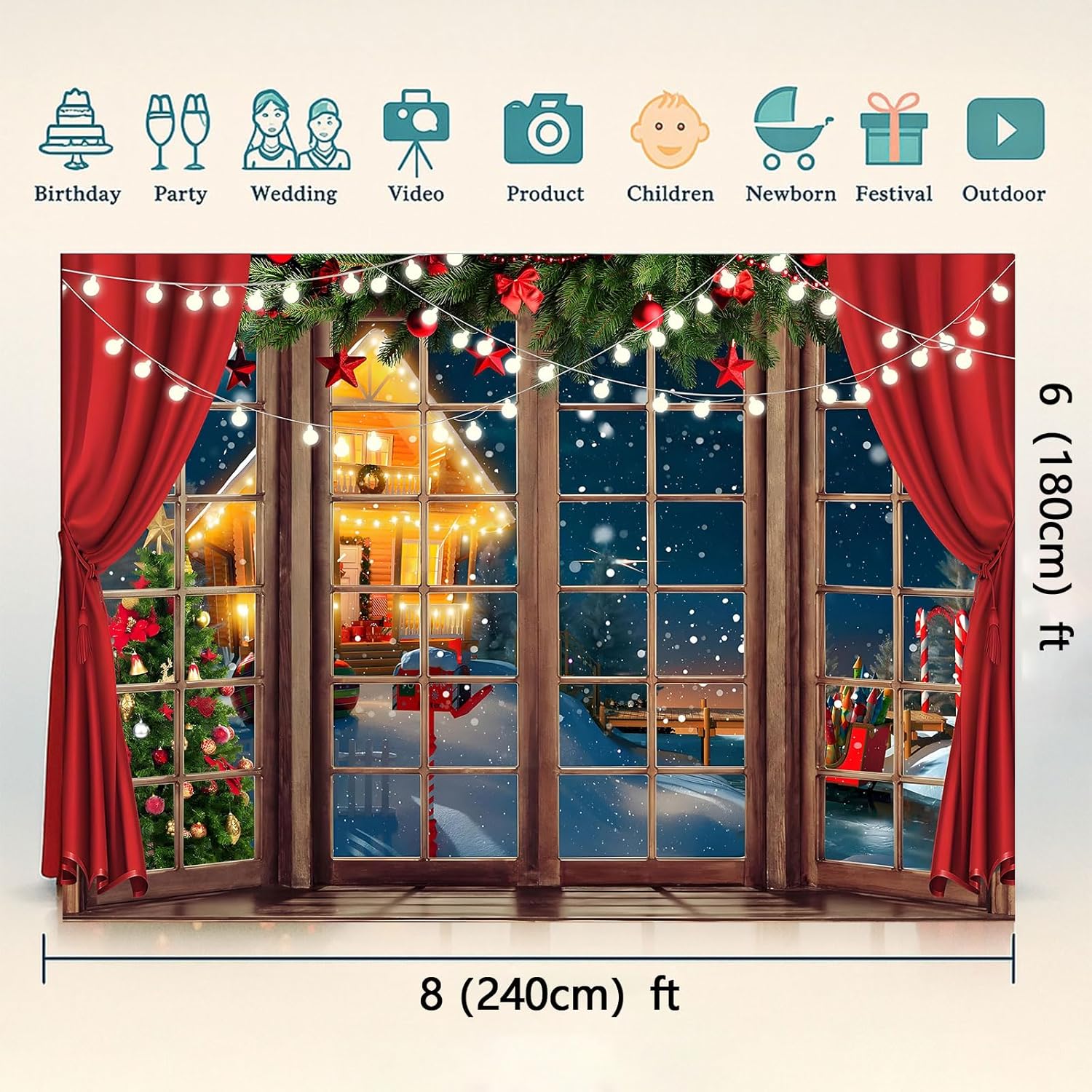 Geiwogwc 8X6FT Christmas Window Backdrop Christmas Backdrops for Wall Holiday Background