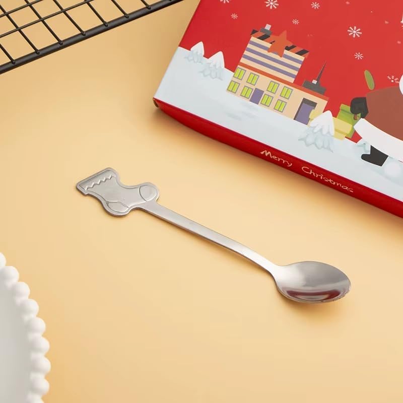 LIVSY Christmas Cartoon Stainless Steel Coffee Spoons – Cute Holiday Mixing Spoon Gift Set for Coffee, Tea, Dessert & Tableware (Gold/Silver, 4-Pack) (Silver)