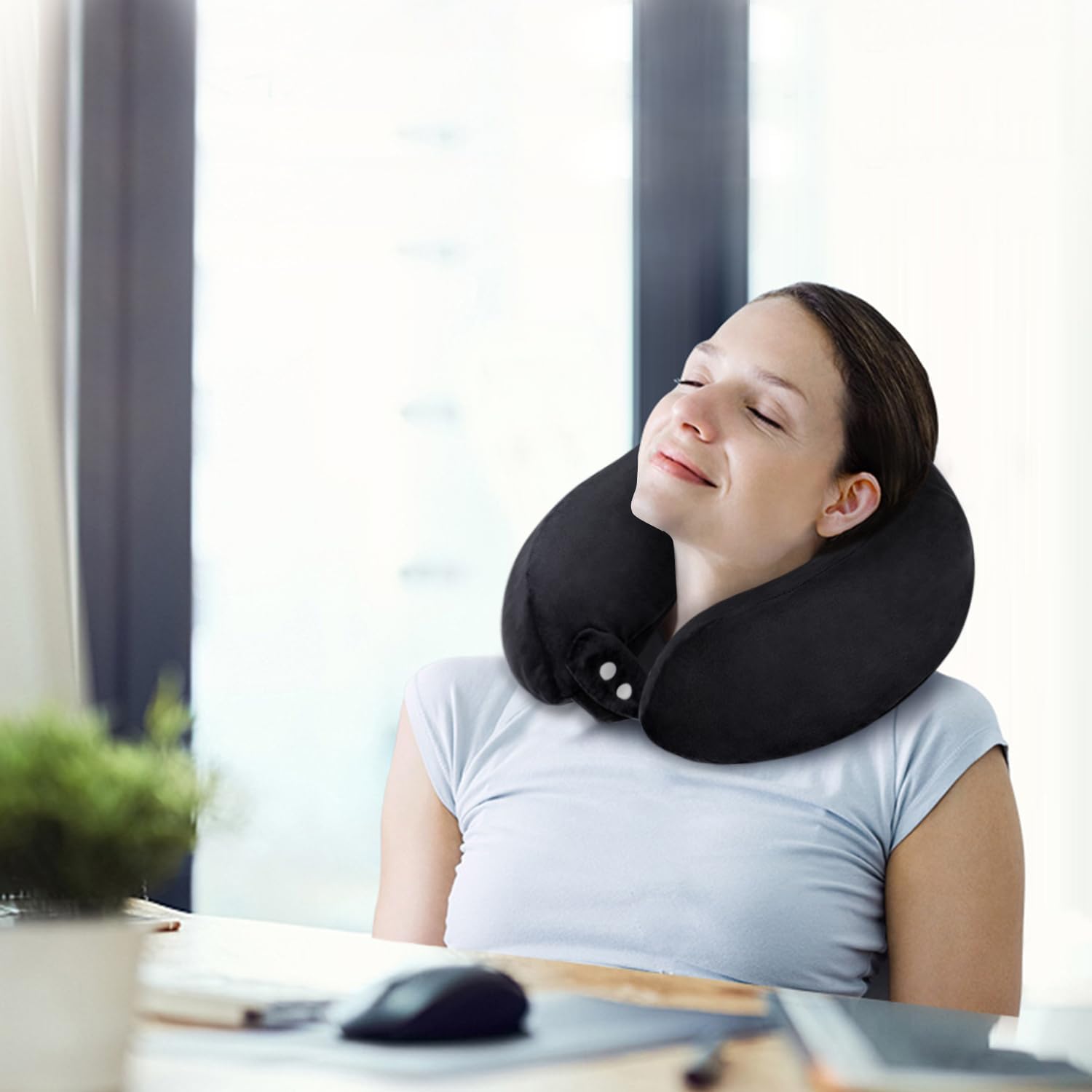 Travel Neck Pillows Adjustable U-Shaped Memory Foam Airplane Pillows Support Headrest and Neck Removable Breathable Neck Pillow for Car Office Home Camping Use Purple Color
