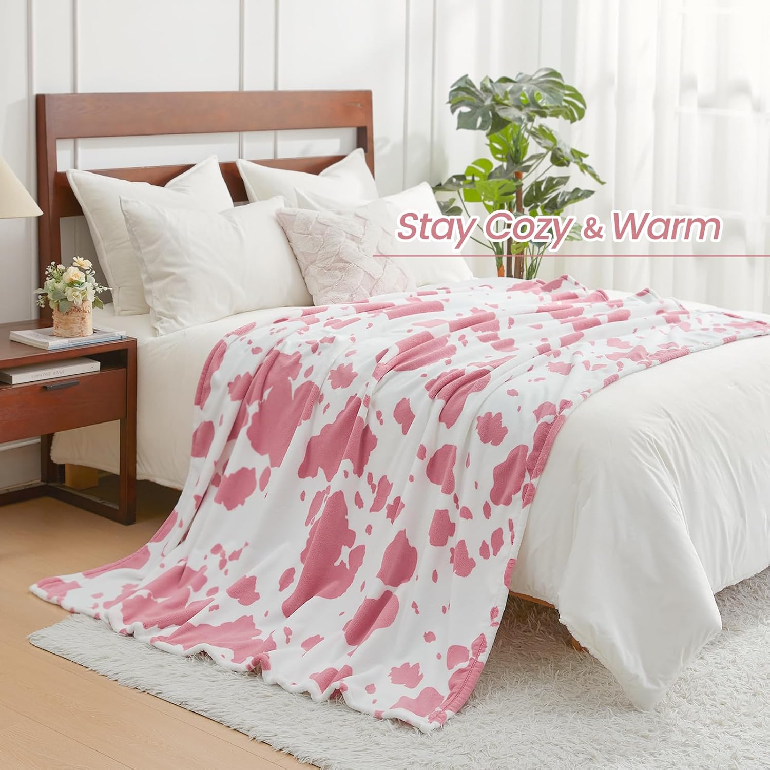 Cozy Bliss Cow Print Fuzzy Throw Blanket for Couch - Thick Soft Warm Non Shedding Fleece Blankets for Western Décor Room, for Kids, Women Men Girls, Teal Blue 50*60