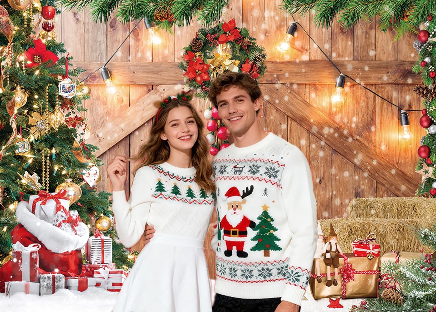 CHAIYA 7x5ft Christmas Backdrop Barn Wood Door Photography Backdrop Xmas Tree Snow Background Winter Xmas Party Supplies Christmas Family Kids Party Banner