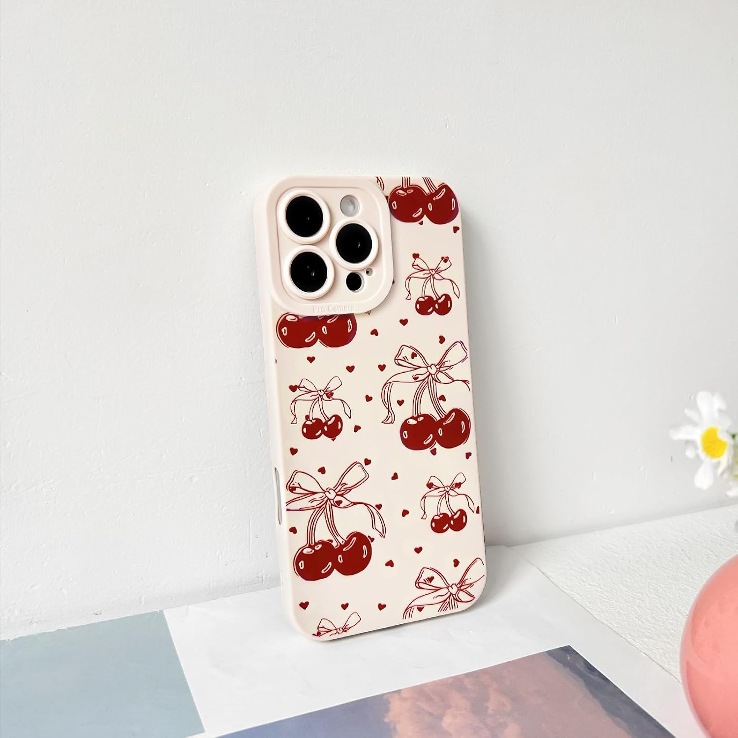 NITITOP Compatible with iPhone 12 Case Cute Cherry Bowknot Little Heart Pattern for Girls Women Soft TPU Durable Full Camera Lens Shockproof Protective Cover - White