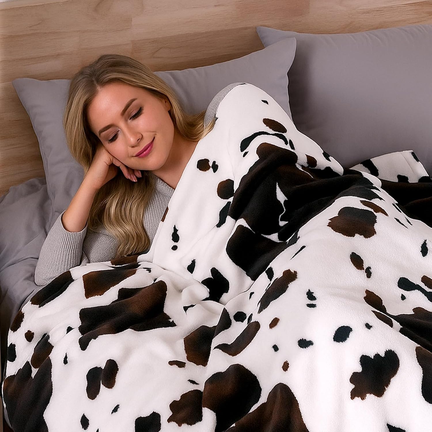 Cozy Bliss Cow Print Fuzzy Throw Blanket for Couch - Thick Soft Warm Non Shedding Fleece Blankets for Western Décor Room, for Kids, Women Men Girls, Teal Blue 50*60