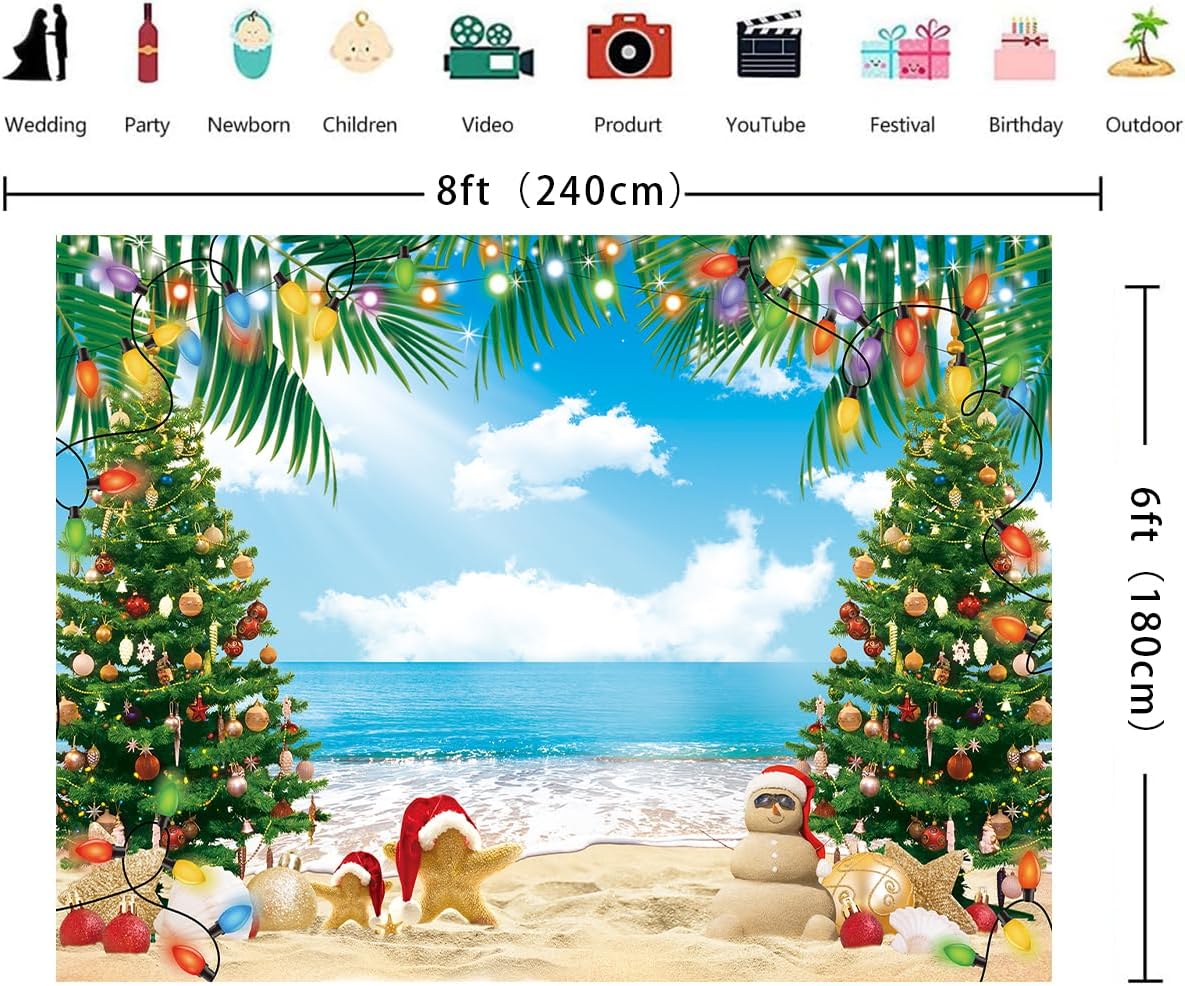 July Christmas Backdrop 7x5FT Summer Beach Christmas Tree Decoration Photography Background Tropical Hawaiian Party Supplies Photo Props