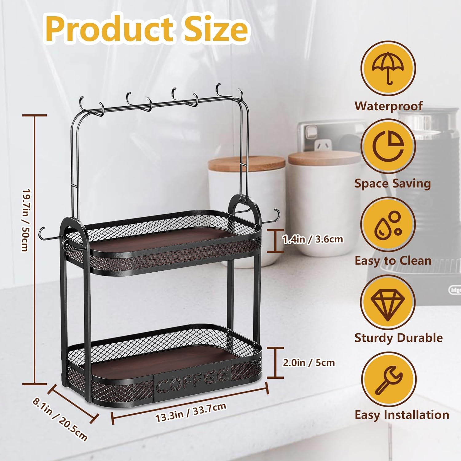BEGULF 2-Tier Coffee Cup Holder for Countertop, Mug Holder with 12 Hooks, Vintage Mug Rack with Shelf, Coffee Bar Accessories Organizer, Suitable for Home, Office (Large)
