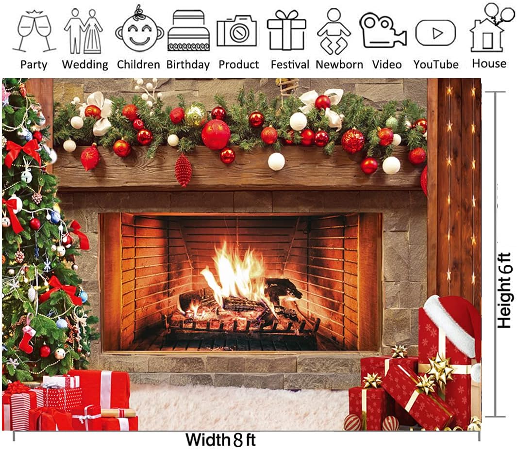 CYLYH 7x5ft Christmas Photography Backdrop Christmas Fireplace Theme Backdrop Christmas Party Decorations Birthday Party Kids Portrait Photo Studio Booth Props SDJ-502