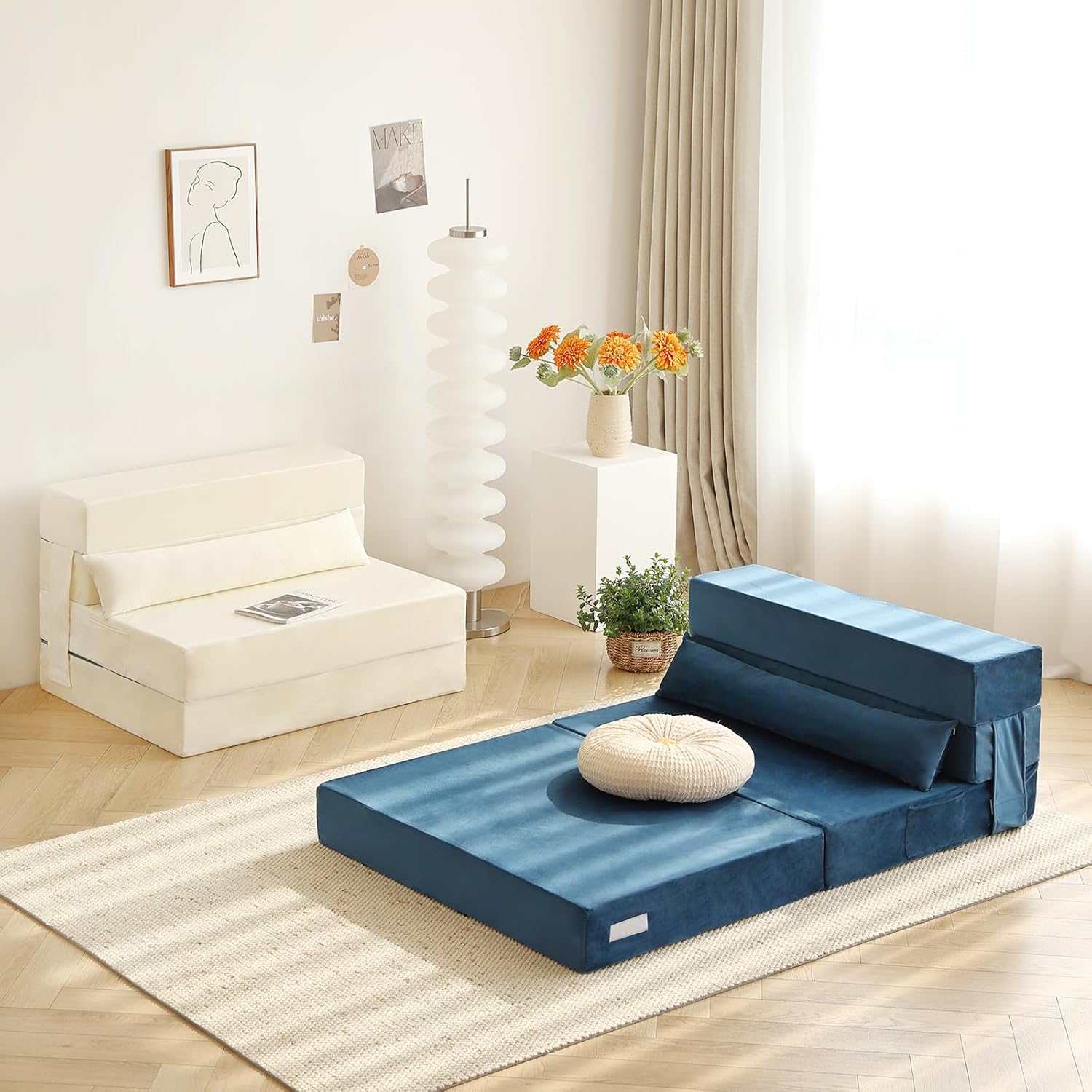 Tiita Folding Sofa Bed with Pillow 200x70x12cm Mattress&Plush Fabric Foldable Sofa Lounge Mat Pad,Floor Lounger Chair Bed for Living Room,Guest Room,Dorm,Apartment,Camping and Travel Use