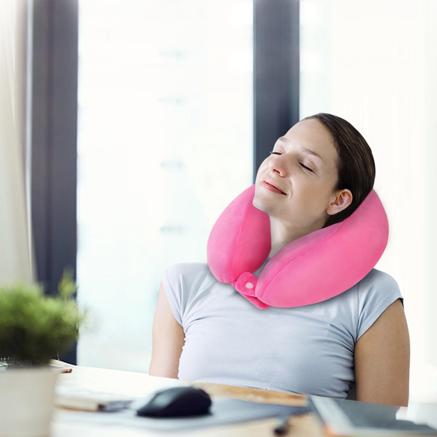 Travel Neck Pillows Adjustable U-Shaped Memory Foam Airplane Pillows Support Headrest and Neck Removable Breathable Neck Pillow for Car Office Home Camping Use Purple Color