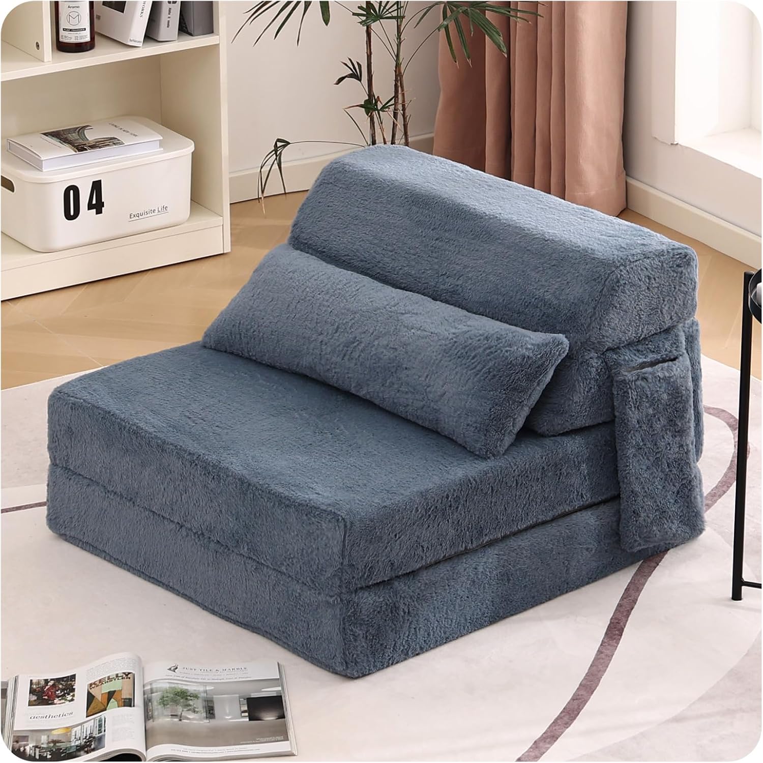 Tiita Folding Sofa Bed with Pillow 200x70x12cm Mattress&Plush Fabric Foldable Sofa Lounge Mat Pad,Floor Lounger Chair Bed for Living Room,Guest Room,Dorm,Apartment,Camping and Travel Use