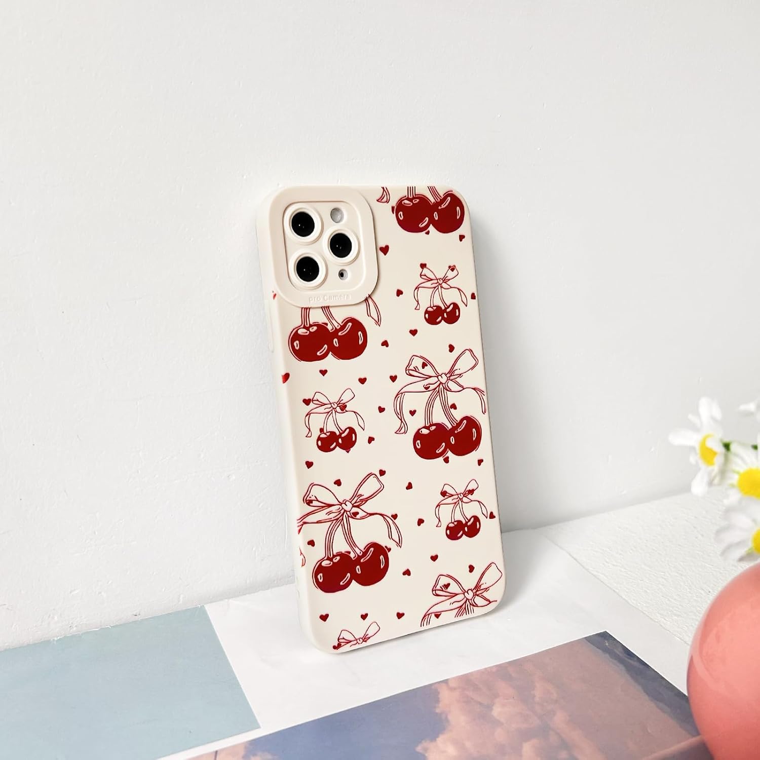 NITITOP Compatible with iPhone 12 Case Cute Cherry Bowknot Little Heart Pattern for Girls Women Soft TPU Durable Full Camera Lens Shockproof Protective Cover - White