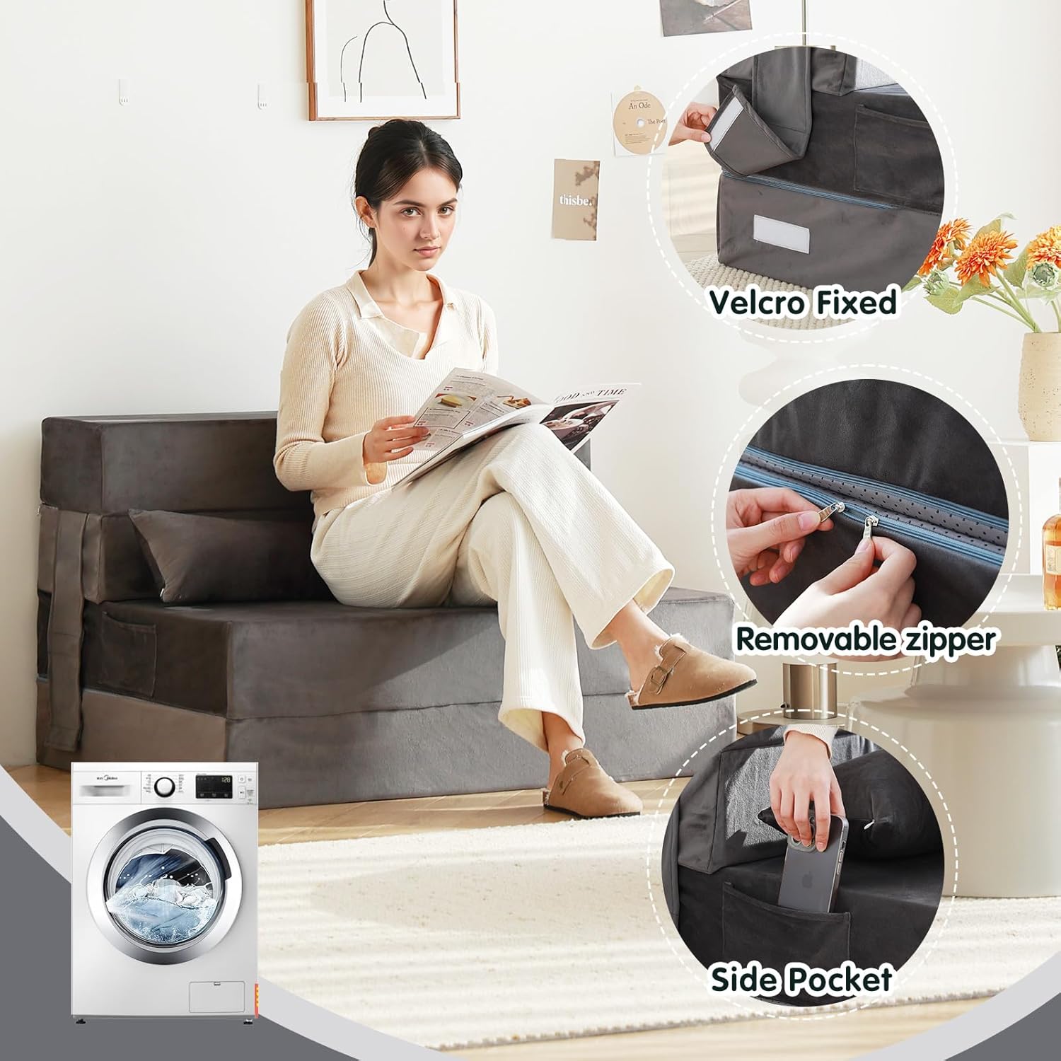 Tiita Folding Sofa Bed with Pillow 200x70x12cm Mattress&Plush Fabric Foldable Sofa Lounge Mat Pad,Floor Lounger Chair Bed for Living Room,Guest Room,Dorm,Apartment,Camping and Travel Use