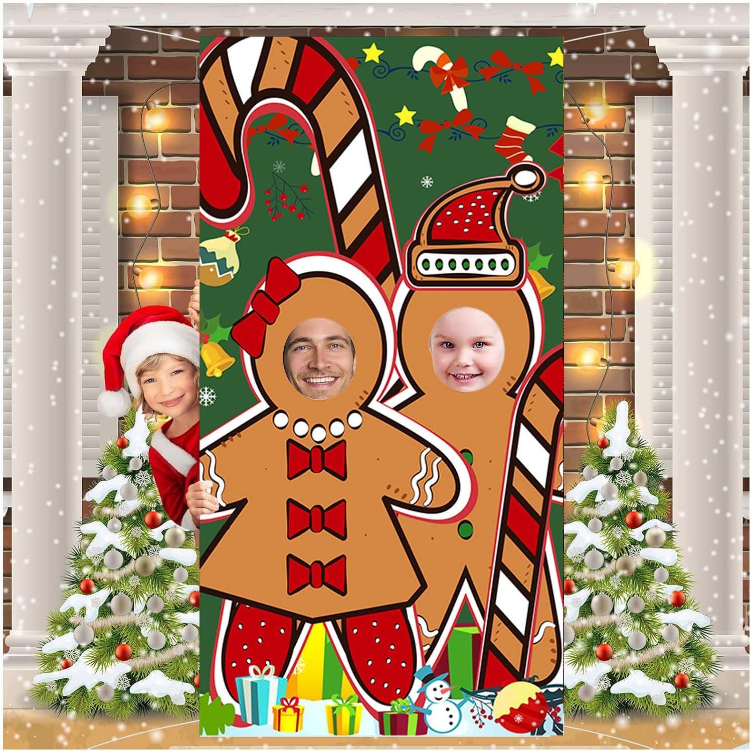 Christmas Party Face in Hole Door Backdrop Funny Photo Booth Prop Banner with Rope Xmas Holiday Photography Decorations Supplies (Gingerbread Man)