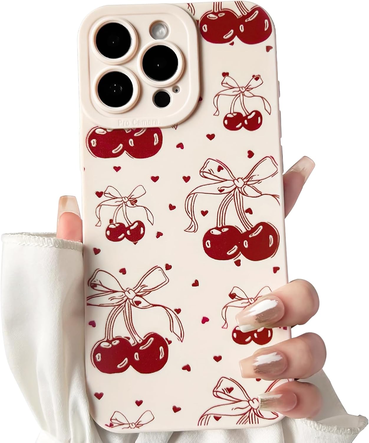 NITITOP Compatible with iPhone 12 Case Cute Cherry Bowknot Little Heart Pattern for Girls Women Soft TPU Durable Full Camera Lens Shockproof Protective Cover - White