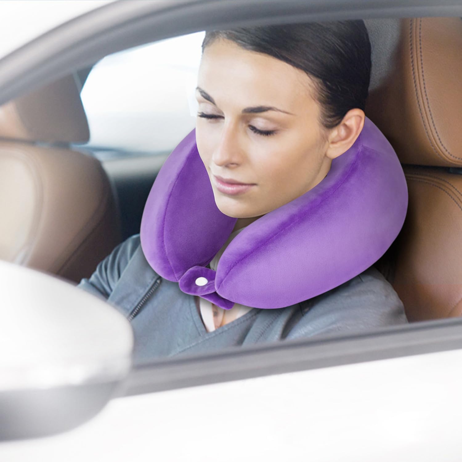 Travel Neck Pillows Adjustable U-Shaped Memory Foam Airplane Pillows Support Headrest and Neck Removable Breathable Neck Pillow for Car Office Home Camping Use Purple Color