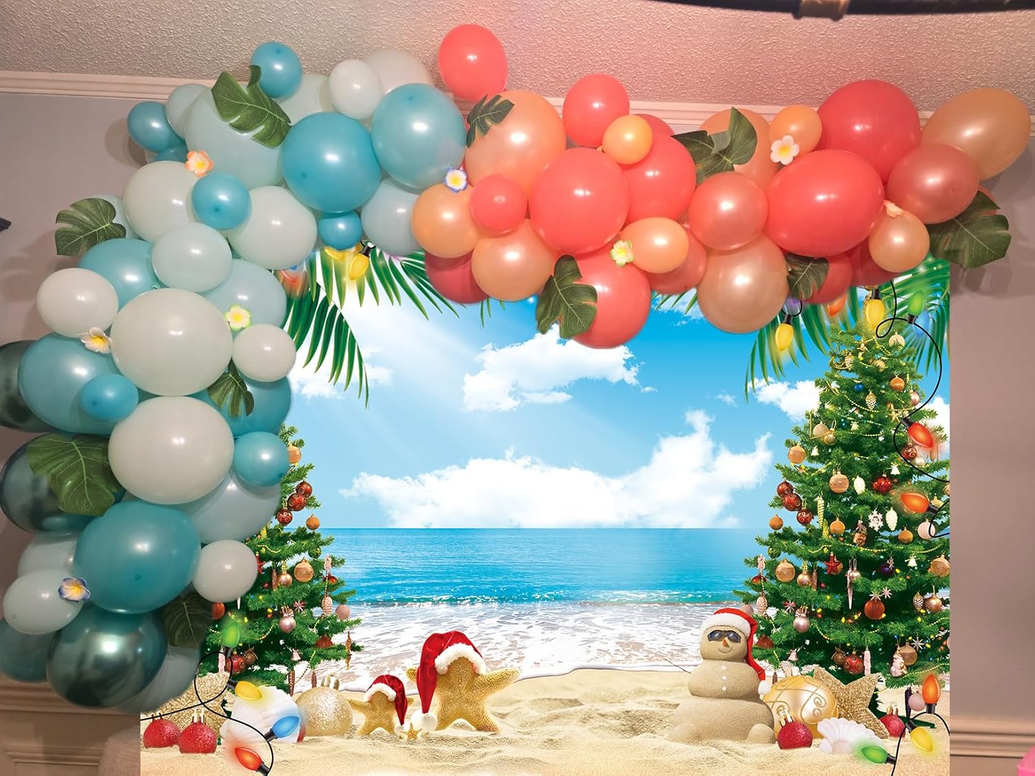July Christmas Backdrop 7x5FT Summer Beach Christmas Tree Decoration Photography Background Tropical Hawaiian Party Supplies Photo Props