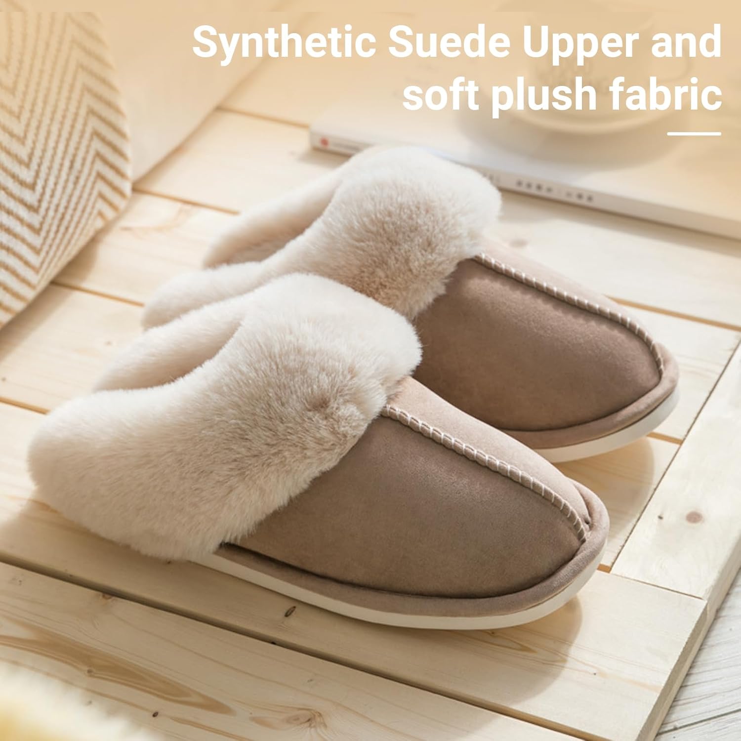 TopG Fuzzy Memory Foam Slippers Fluffy Winter House Slippers Suede Slippers with Faux Fur Collar Indoor Outdoor