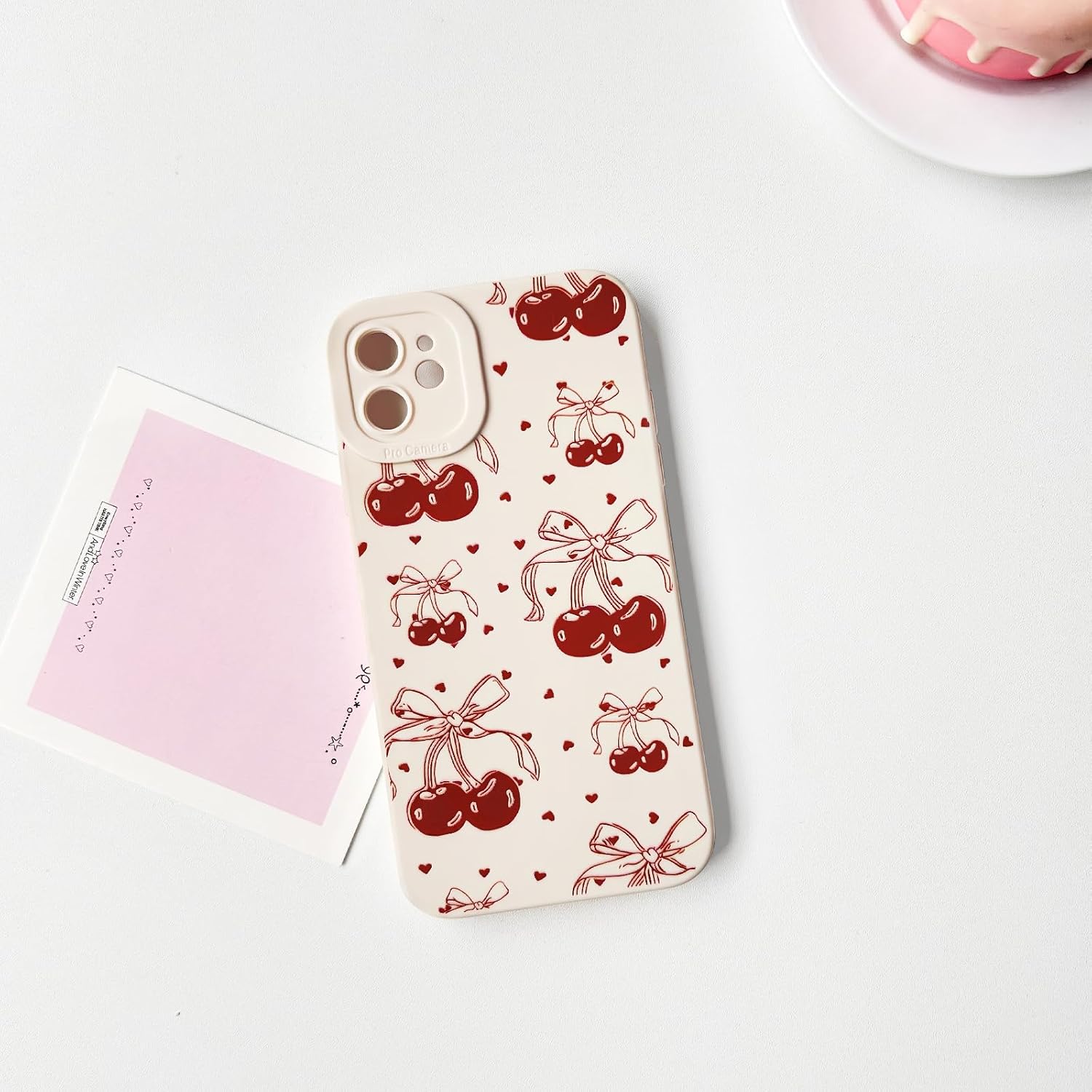 NITITOP Compatible with iPhone 12 Case Cute Cherry Bowknot Little Heart Pattern for Girls Women Soft TPU Durable Full Camera Lens Shockproof Protective Cover - White