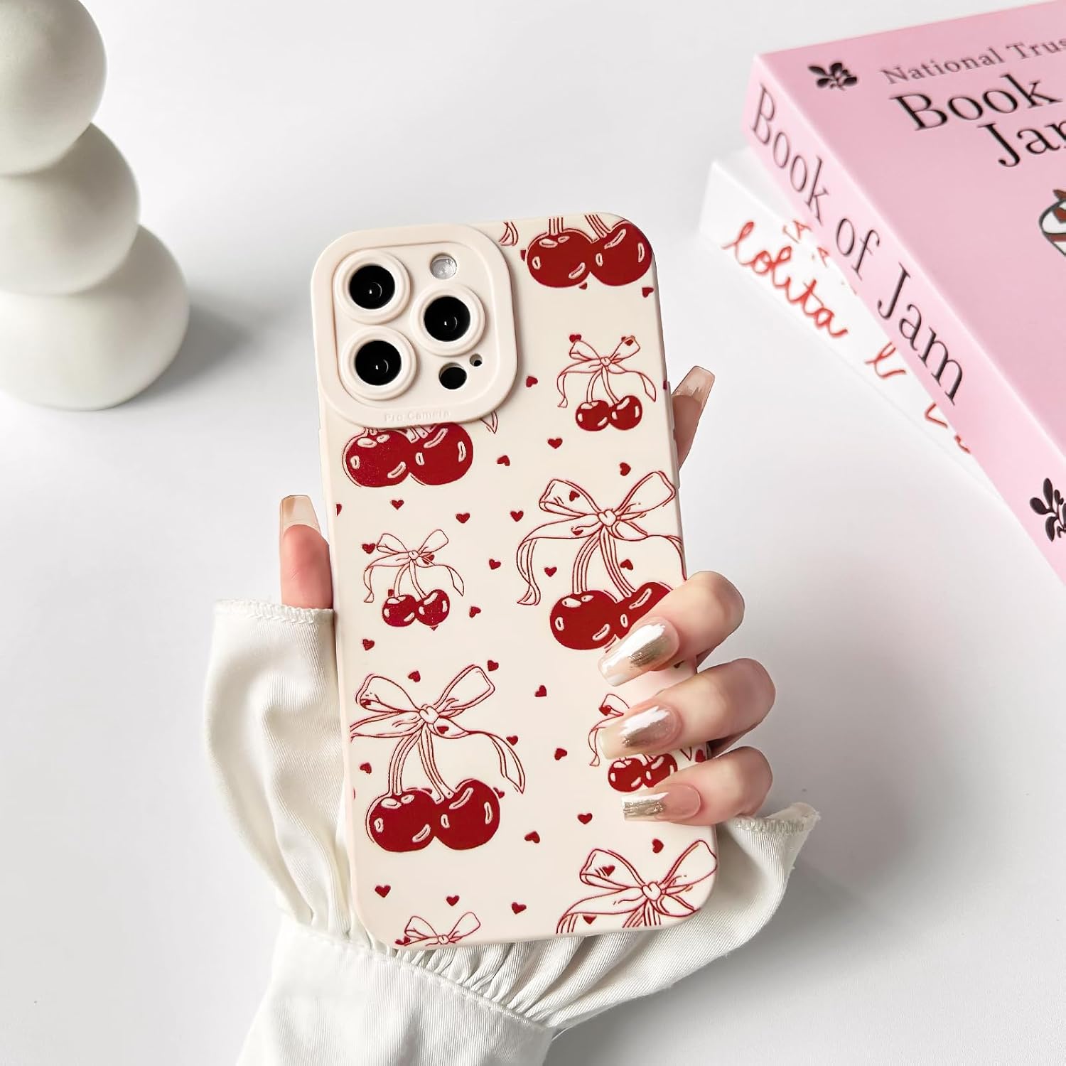 NITITOP Compatible with iPhone 12 Case Cute Cherry Bowknot Little Heart Pattern for Girls Women Soft TPU Durable Full Camera Lens Shockproof Protective Cover - White