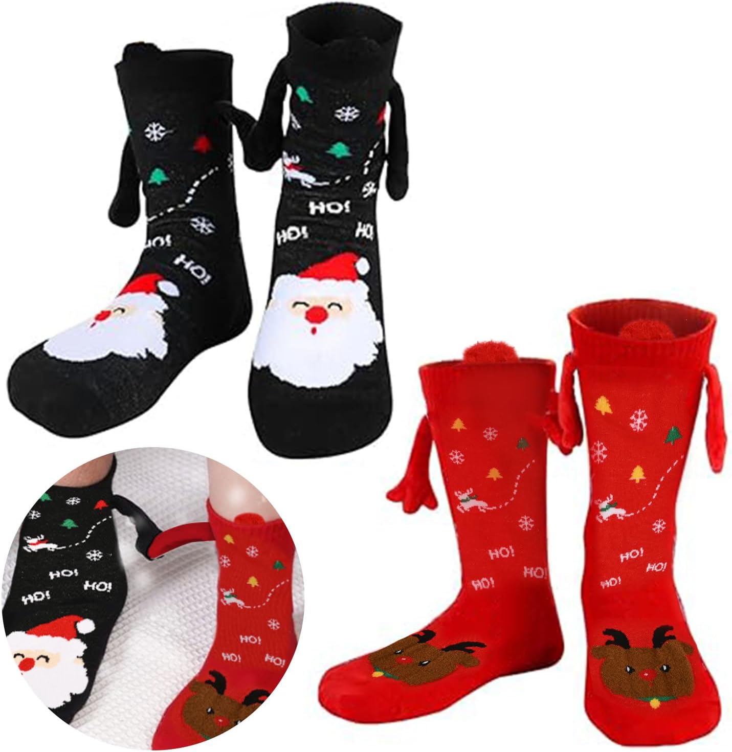 Zurligi 2 Pairs Holding Hands Socks, Funny Magnetic Hand Holding Cute Socks for Men Women, 3D Doll Couple Novelty Birthday for Lovers, Boyfriend, Family