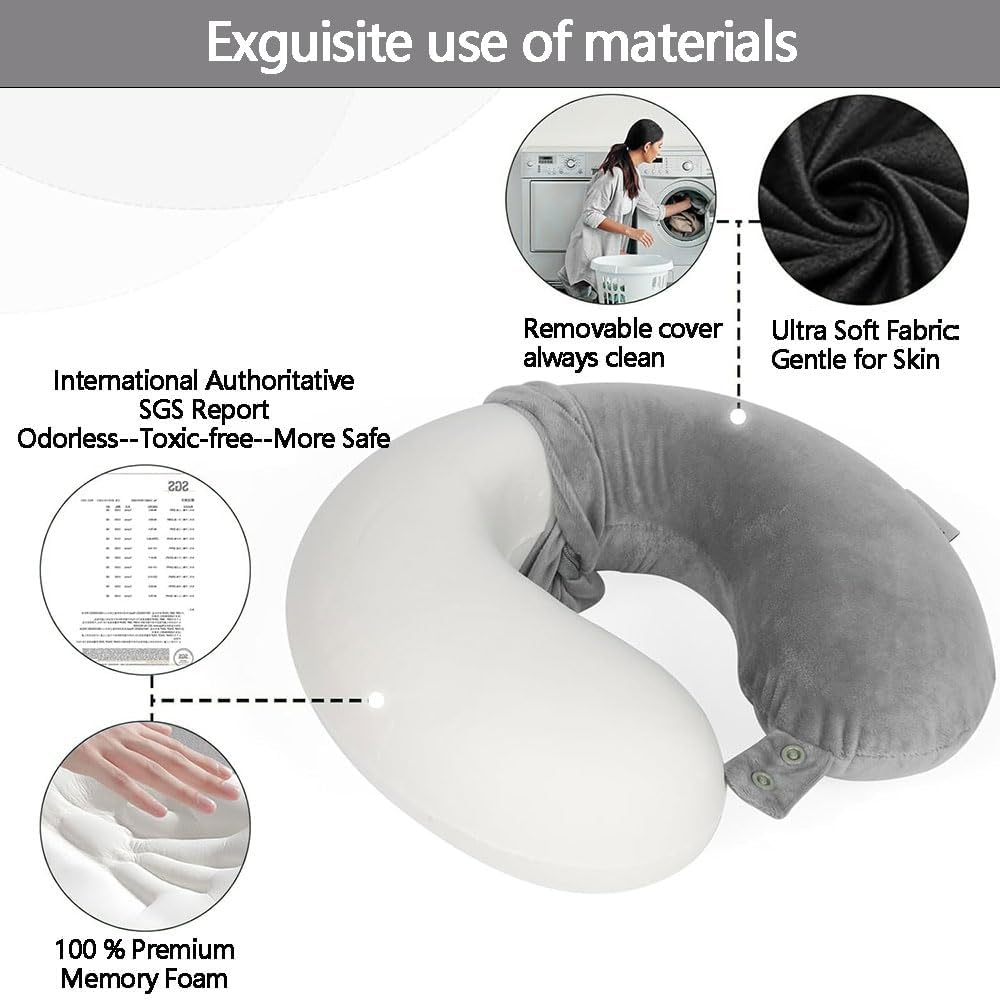 MUSONG Memory Foam Travel Neck Pillow – U-Shaped Portable Headrest for Airplane, Car, Office or Home – Soft Adjustable Pillow for Sleeping Support During Flights and Trips