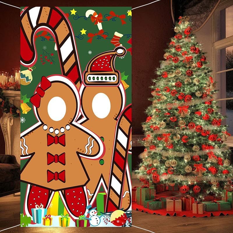 Christmas Party Face in Hole Door Backdrop Funny Photo Booth Prop Banner with Rope Xmas Holiday Photography Decorations Supplies (Gingerbread Man)
