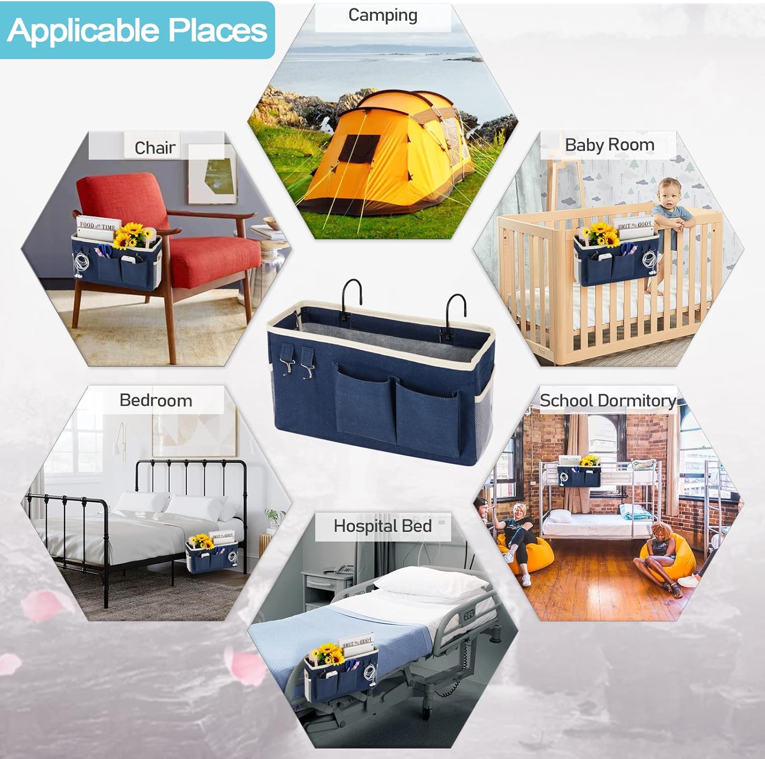 Loghot Bedside Caddy/Bedside Storage Bag Hanging Organizer for Bunk and Hospital Beds,Dorm Rooms Bed Rails,Can be Placed Glasses,Books,Mobile Phones,Keys (Light Pink)