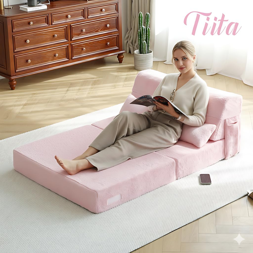 Tiita Folding Sofa Bed with Pillow 200x70x12cm Mattress&Plush Fabric Foldable Sofa Lounge Mat Pad,Floor Lounger Chair Bed for Living Room,Guest Room,Dorm,Apartment,Camping and Travel Use