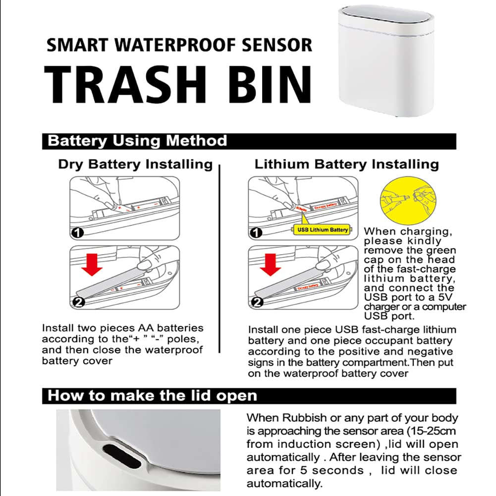 Automatic Trash Bin with Lid, Motion Sensor Garbage Can, 7 Liter Slim Plastic Wastebasket Rubbish Bin for Kitchen, Living Room, Bedroom, Office, White(No Battery)