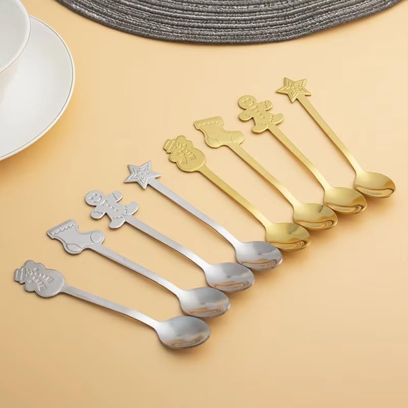 LIVSY Christmas Cartoon Stainless Steel Coffee Spoons – Cute Holiday Mixing Spoon Gift Set for Coffee, Tea, Dessert & Tableware (Gold/Silver, 4-Pack) (Silver)