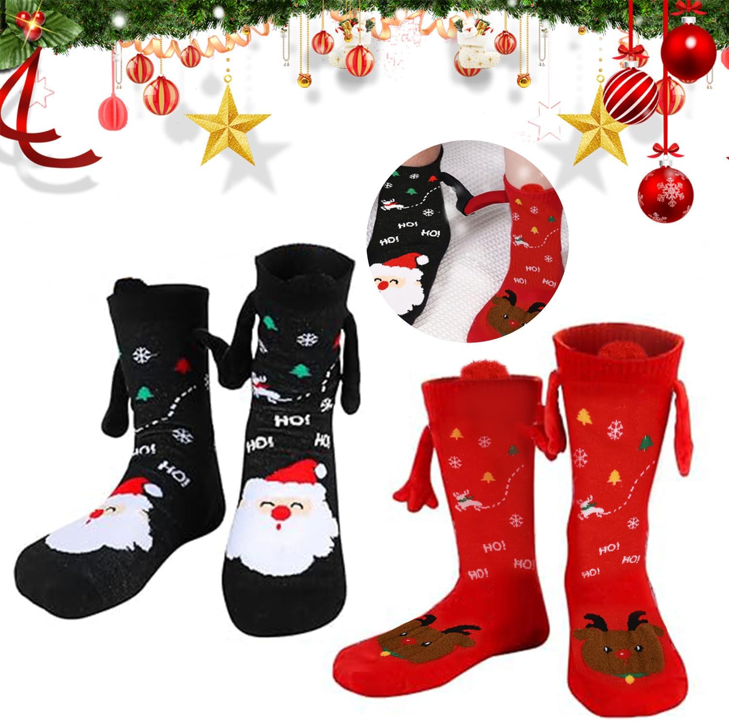 Zurligi 2 Pairs Holding Hands Socks, Funny Magnetic Hand Holding Cute Socks for Men Women, 3D Doll Couple Novelty Birthday for Lovers, Boyfriend, Family