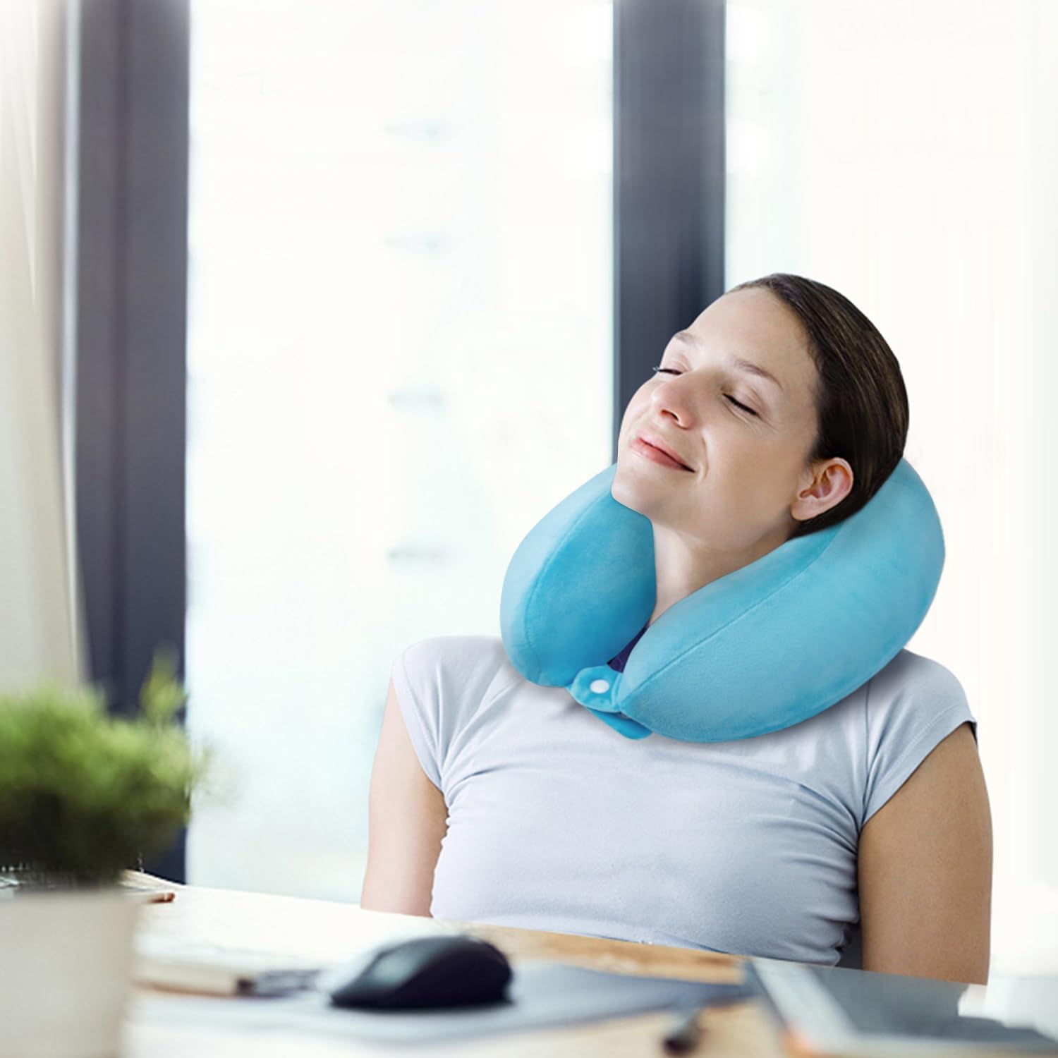 Travel Neck Pillows Adjustable U-Shaped Memory Foam Airplane Pillows Support Headrest and Neck Removable Breathable Neck Pillow for Car Office Home Camping Use Purple Color