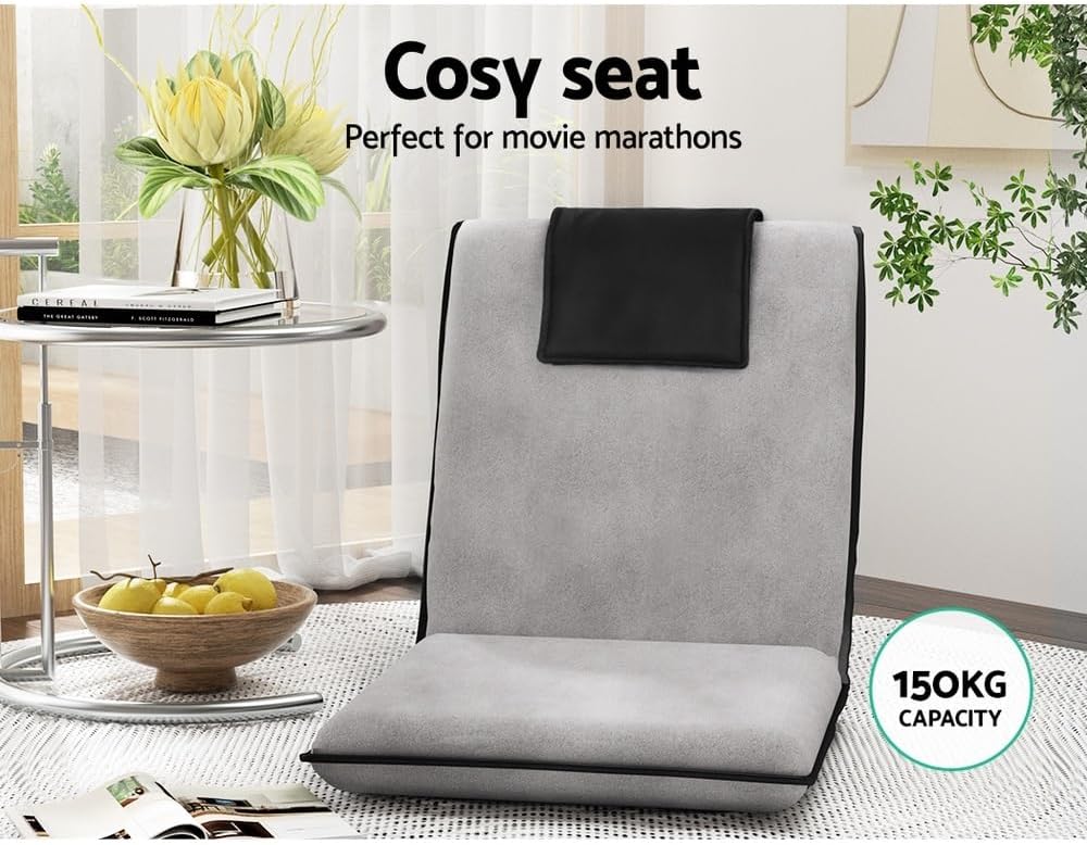 Artiss 2X Floor Chair, Adjustable Futon Lounge Sofa Bed Cushions Recliner Folding Stadium Chairs Cushion Couch Bed Outdoor Bedroom Living Room Furniture, Soft Backrest Easy Carry Space Saving Grey