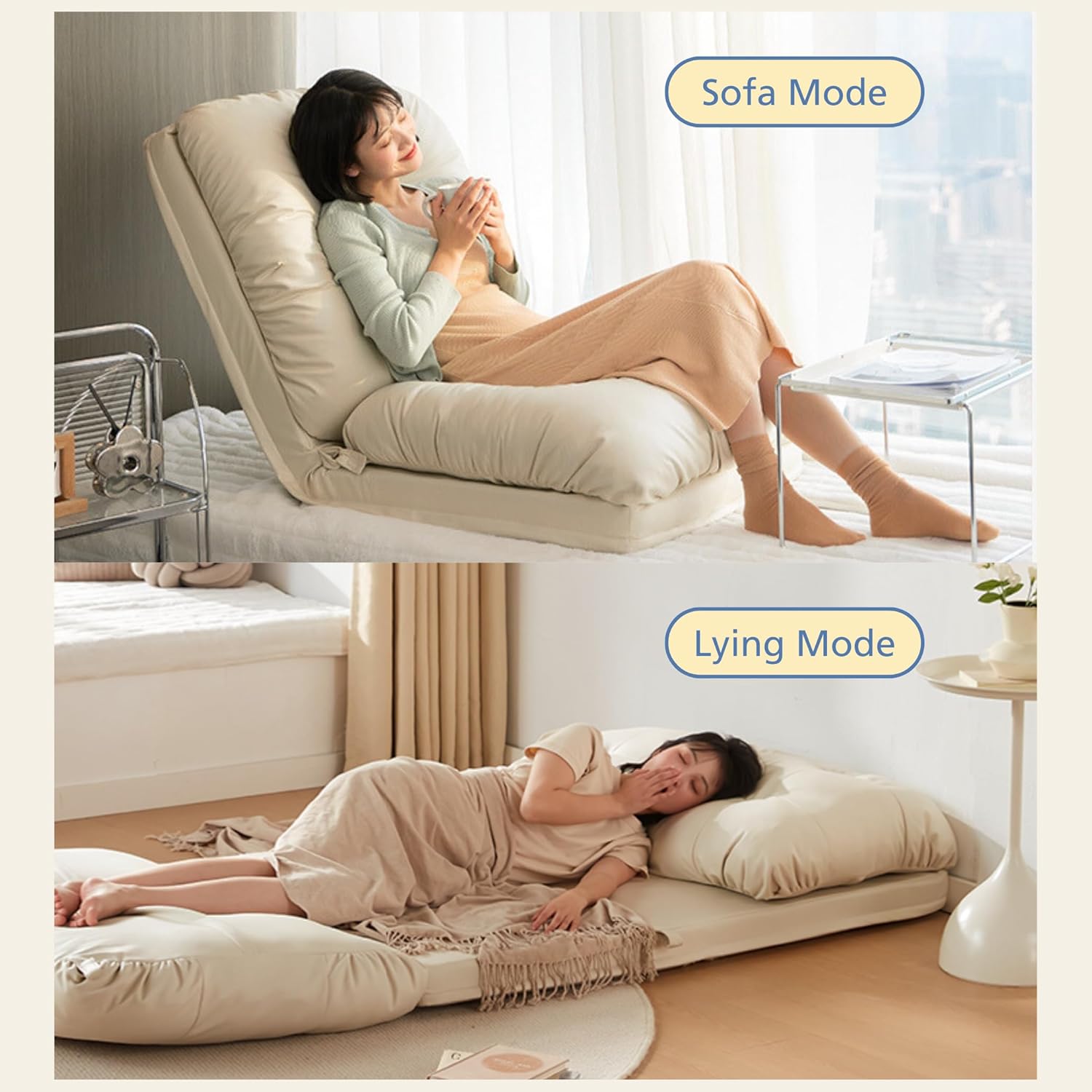 Aocloud Floor Sofa, Sofa Bed, Sofa Chair, Covertible Flip Chair, Recliner Chair, Foldable Floor Mattress, Lazy Sofa Bed, Adjustable Lounge Chair with 5 Position for Living Room, Office (Beige)